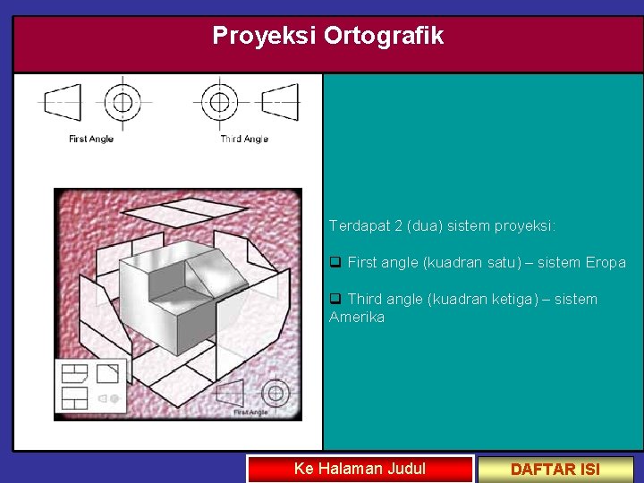 Proyeksi Ortografik Terdapat 2 (dua) sistem proyeksi: q First angle (kuadran satu) – sistem