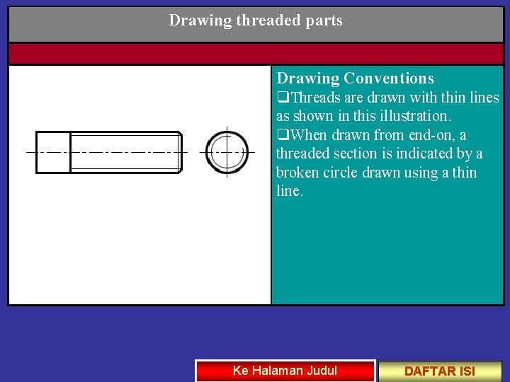 Drawing threaded parts Drawing Conventions q. Threads are drawn with thin lines as shown