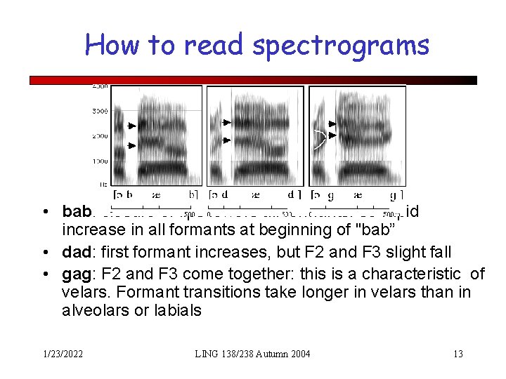 How to read spectrograms • bab: closure of lips lowers all formants: so rapid