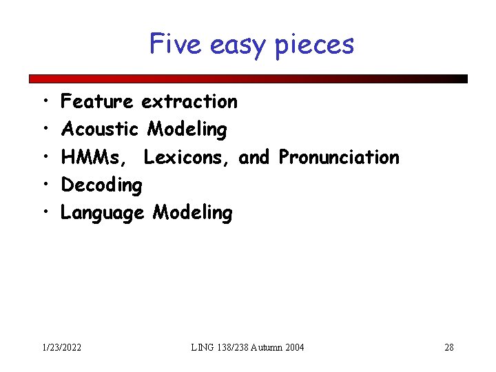 Five easy pieces • • • Feature extraction Acoustic Modeling HMMs, Lexicons, and Pronunciation