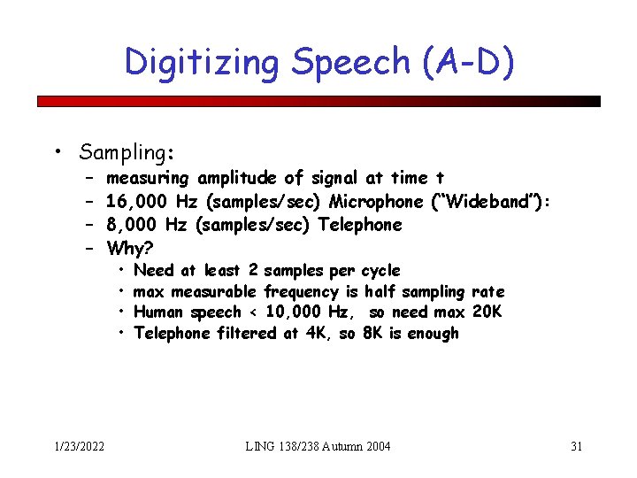 Digitizing Speech (A-D) • Sampling: – – 1/23/2022 measuring amplitude of signal at time