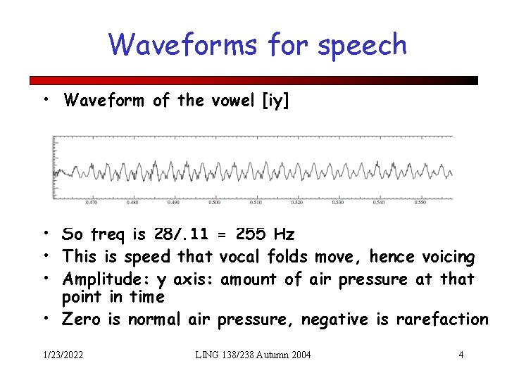 Waveforms for speech • Waveform of the vowel [iy] • • • Frequency: repetitions/second