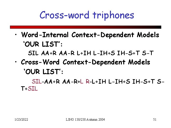 Cross-word triphones • Word-Internal Context-Dependent Models ‘OUR LIST’: SIL AA+R AA-R L+IH L-IH+S IH-S+T