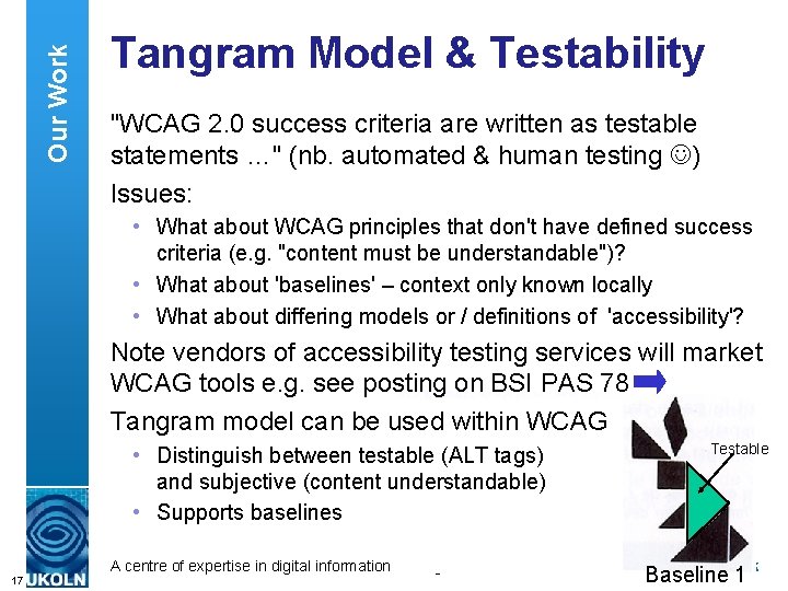 Our Work Tangram Model & Testability "WCAG 2. 0 success criteria are written as