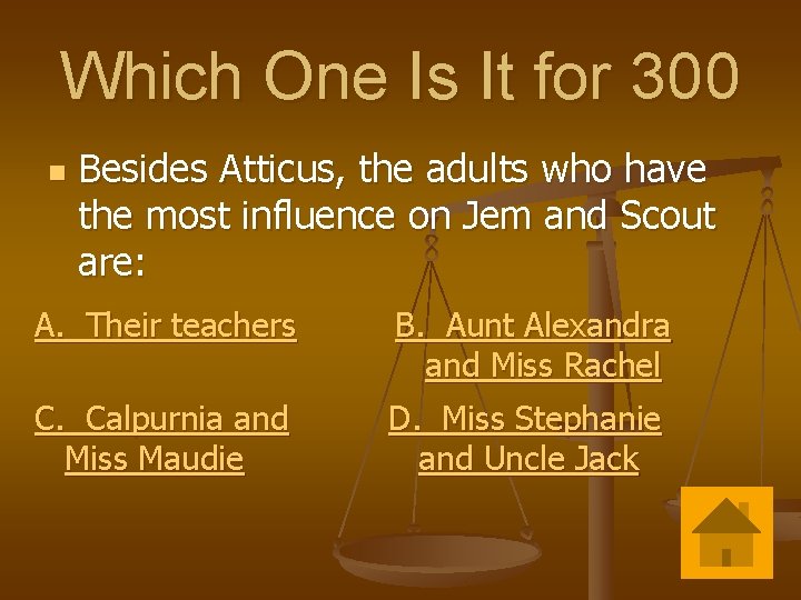 Which One Is It for 300 n Besides Atticus, the adults who have the