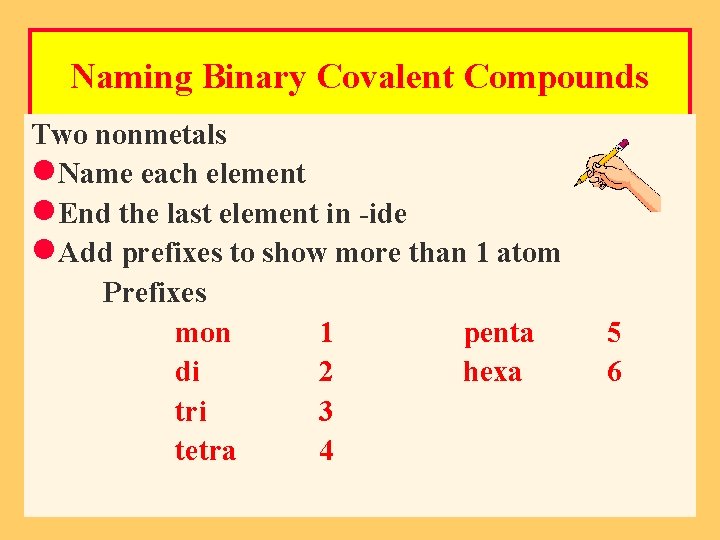 Naming Binary Covalent Compounds Two nonmetals l. Name each element l. End the last