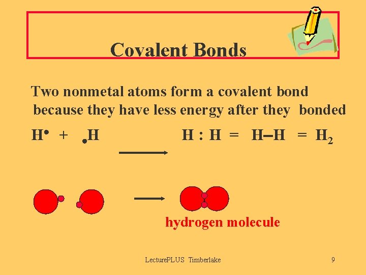 Covalent Bonds Two nonmetal atoms form a covalent bond because they have less energy