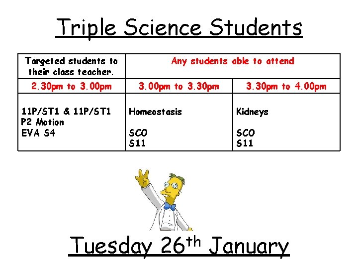 Triple Science Students Targeted students to their class teacher. 2. 30 pm to 3.