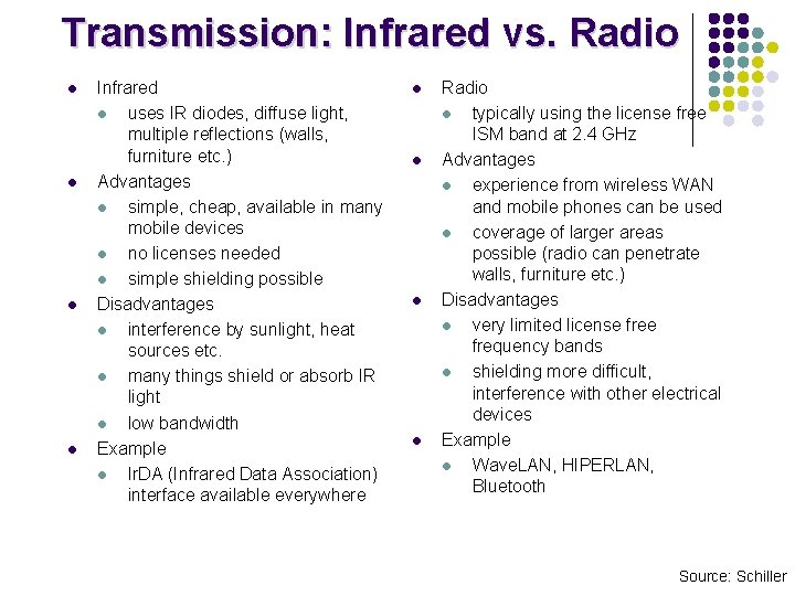 Transmission: Infrared vs. Radio l l Infrared l uses IR diodes, diffuse light, multiple