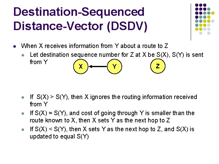 Destination-Sequenced Distance-Vector (DSDV) l When X receives information from Y about a route to