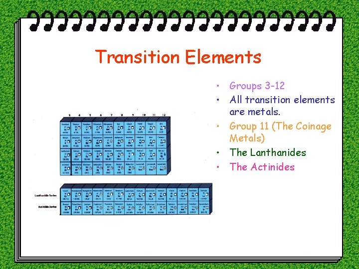 Transition Elements • Groups 3 -12 • All transition elements are metals. • Group