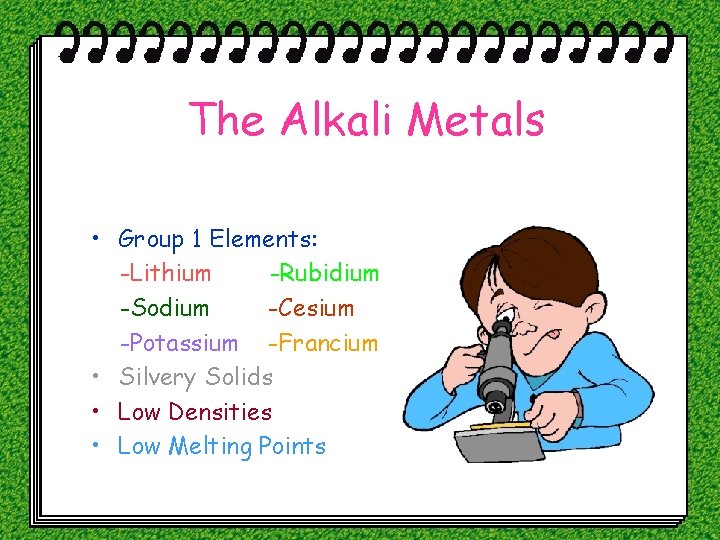 The Alkali Metals • Group 1 Elements: -Lithium -Rubidium -Sodium -Cesium -Potassium -Francium •