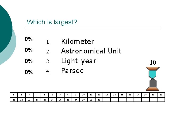 Which is largest? Kilometer Astronomical Unit Light-year Parsec 1. 2. 3. 4. 1 2 Which is largest? Kilometer Astronomical Unit Light-year Parsec 1. 2. 3. 4. 1 2