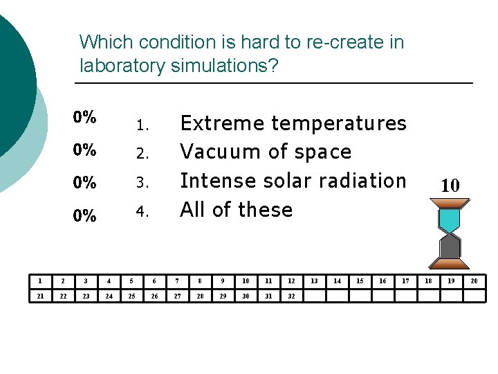 Which condition is hard to re-create in laboratory simulations? Extreme temperatures Vacuum of space Which condition is hard to re-create in laboratory simulations? Extreme temperatures Vacuum of space