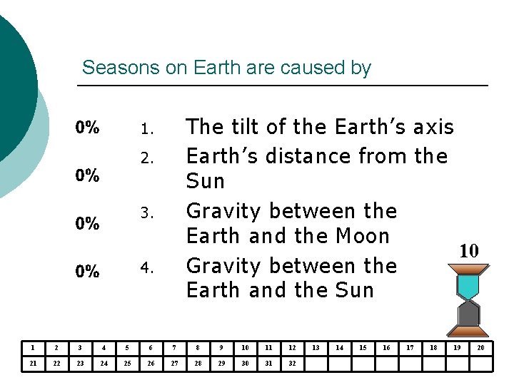 Seasons on Earth are caused by The tilt of the Earth’s axis Earth’s distance Seasons on Earth are caused by The tilt of the Earth’s axis Earth’s distance