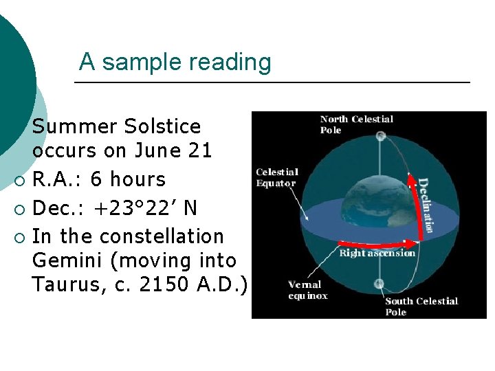 A sample reading Summer Solstice occurs on June 21 ¡ R. A. : 6 A sample reading Summer Solstice occurs on June 21 ¡ R. A. : 6