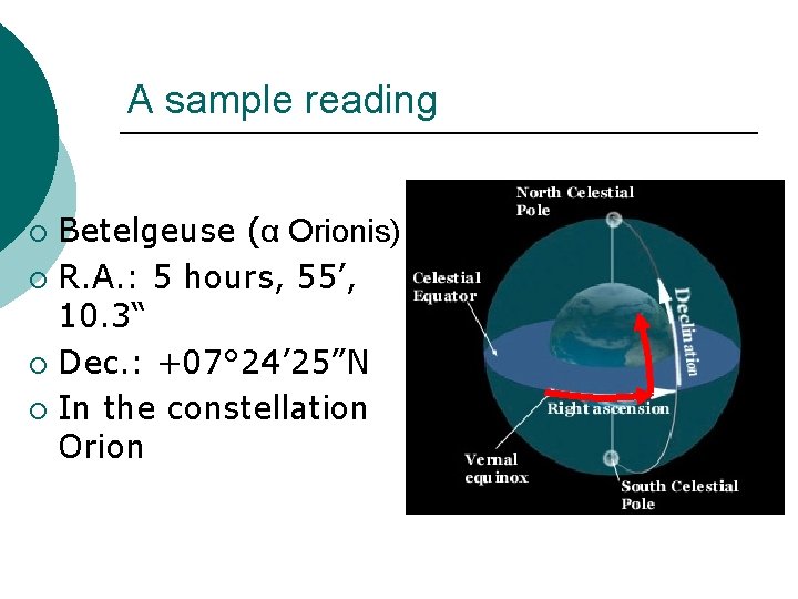 A sample reading Betelgeuse (α Orionis) ¡ R. A. : 5 hours, 55’, 10. A sample reading Betelgeuse (α Orionis) ¡ R. A. : 5 hours, 55’, 10.