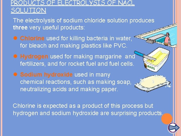 PRODUCTS OF ELECTROLYSIS OF NACL SOLUTION The electrolysis of sodium chloride solution produces three