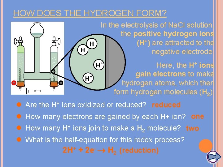 HOW DOES THE HYDROGEN FORM? In the electrolysis of Na. Cl solution, the positive