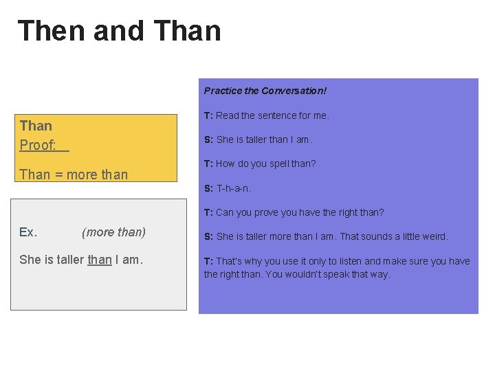Then and Than Practice the Conversation! T: Read the sentence for me. Than Proof: