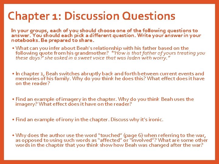 Chapter 1: Discussion Questions In your groups, each of you should choose one of