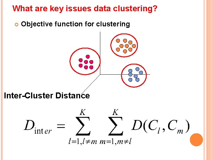 What are key issues data clustering? Objective function for clustering Inter-Cluster Distance 