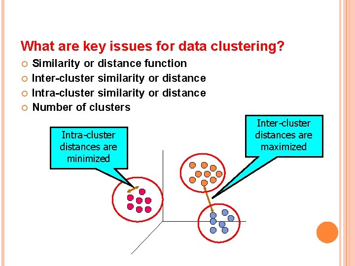 What are key issues for data clustering? Similarity or distance function Inter-cluster similarity or