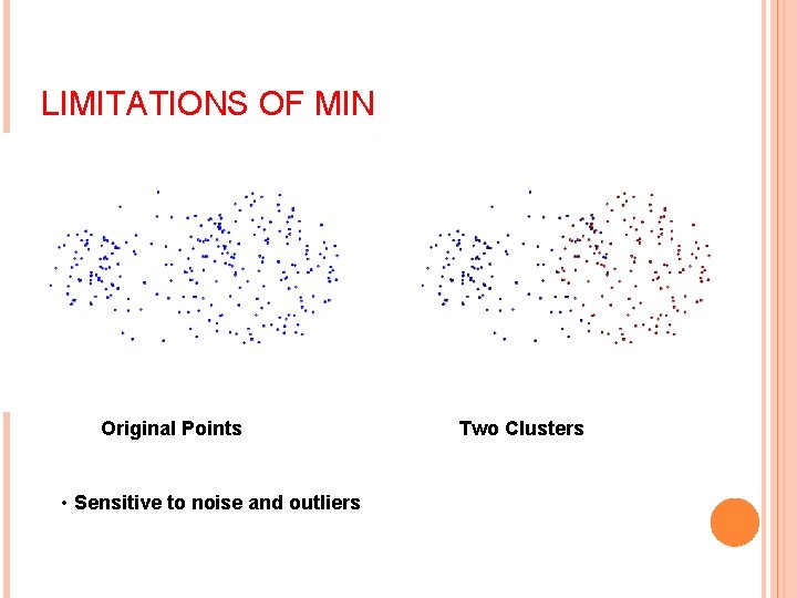 LIMITATIONS OF MIN Original Points • Sensitive to noise and outliers Two Clusters 