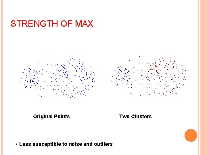 STRENGTH OF MAX Original Points • Less susceptible to noise and outliers Two Clusters