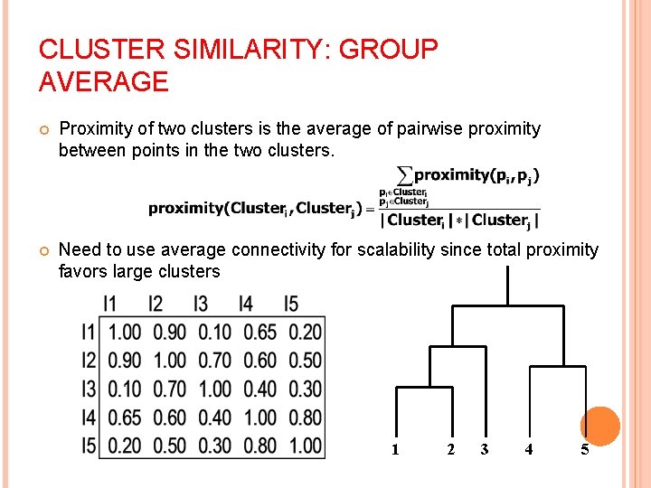 CLUSTER SIMILARITY: GROUP AVERAGE Proximity of two clusters is the average of pairwise proximity