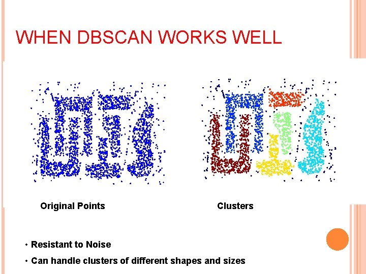 WHEN DBSCAN WORKS WELL Original Points Clusters • Resistant to Noise • Can handle