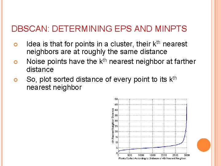 DBSCAN: DETERMINING EPS AND MINPTS Idea is that for points in a cluster, their