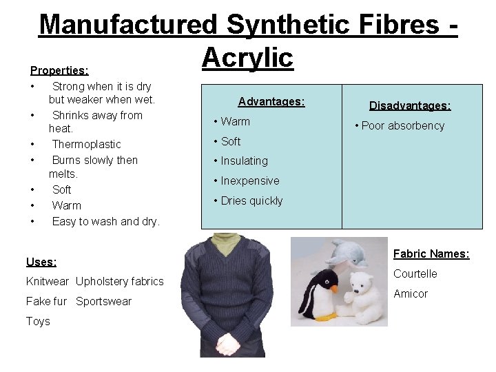 Manufactured Synthetic Fibres Acrylic Properties: • Strong when it is dry but weaker when