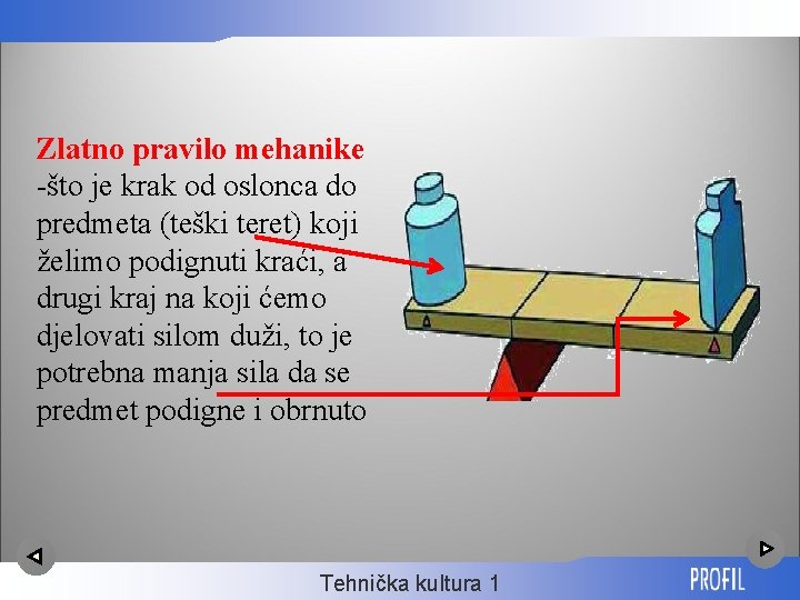 Zlatno pravilo mehanike -što je krak od oslonca do predmeta (teški teret) koji želimo