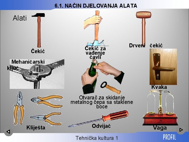 6. 1. NAČIN DJELOVANJA ALATA Alati Čekić Mehaničarski ključ Čekić za vađenje čavli Drveni