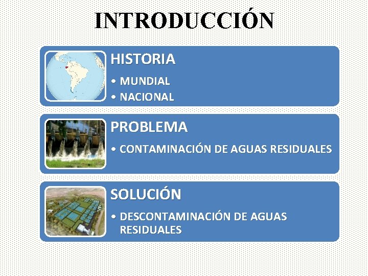 INTRODUCCIÓN HISTORIA • MUNDIAL • NACIONAL PROBLEMA • CONTAMINACIÓN DE AGUAS RESIDUALES SOLUCIÓN •