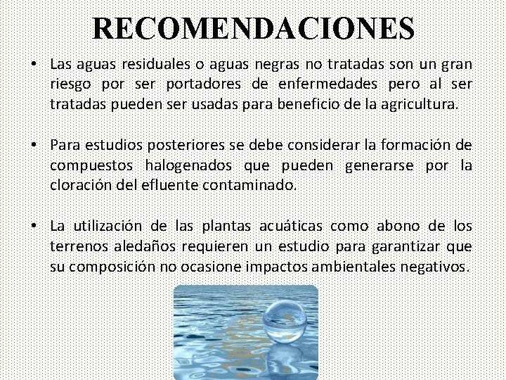 RECOMENDACIONES • Las aguas residuales o aguas negras no tratadas son un gran riesgo