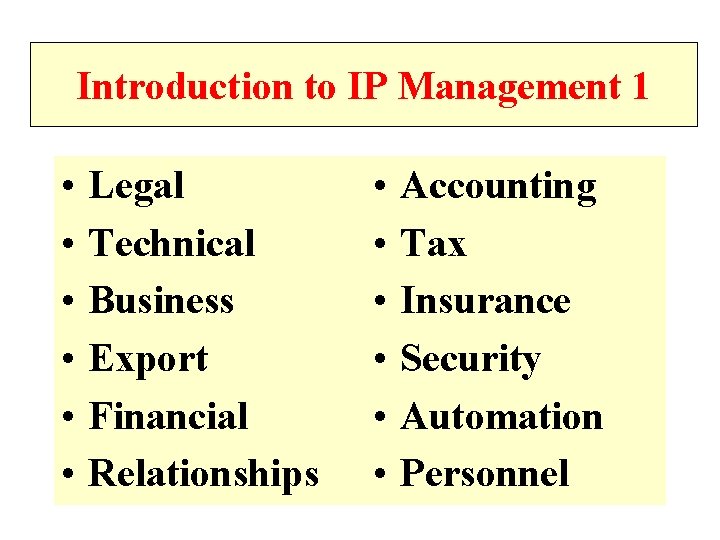 Introduction to IP Management 1 • • • Legal Technical Business Export Financial Relationships