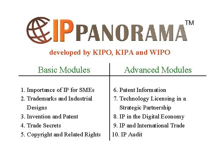 developed by KIPO, KIPA and WIPO Basic Modules 1. Importance of IP for SMEs