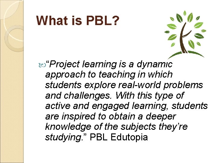 What is PBL? “Project learning is a dynamic approach to teaching in which students