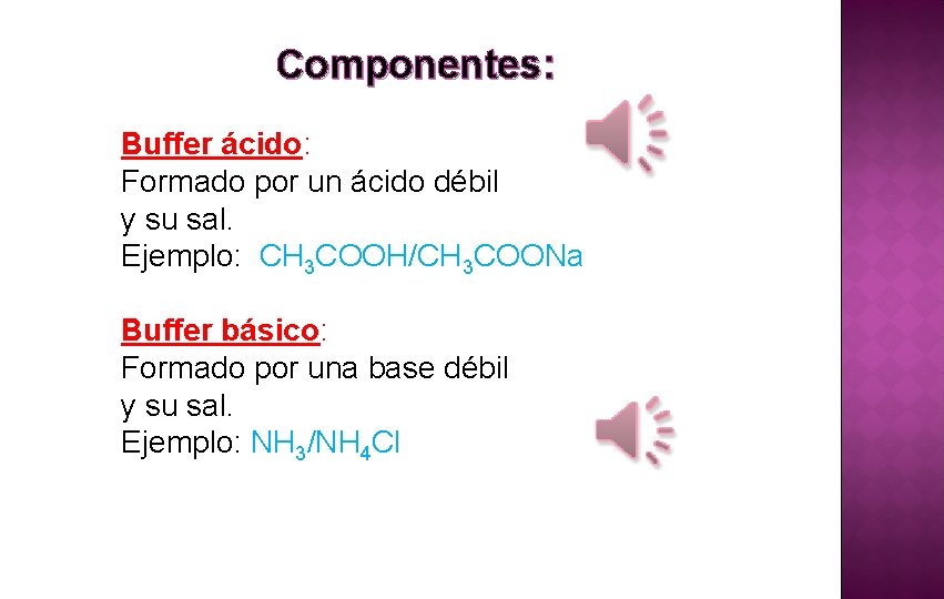 Componentes: Buffer ácido: Formado por un ácido débil y su sal. Ejemplo: CH 3