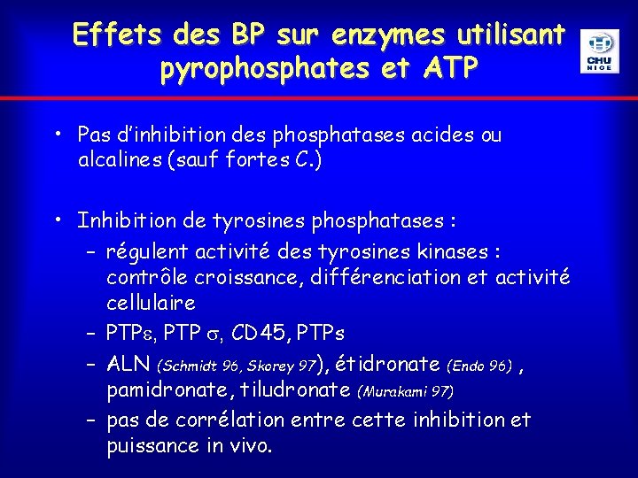Effets des BP sur enzymes utilisant pyrophosphates et ATP • Pas d’inhibition des phosphatases