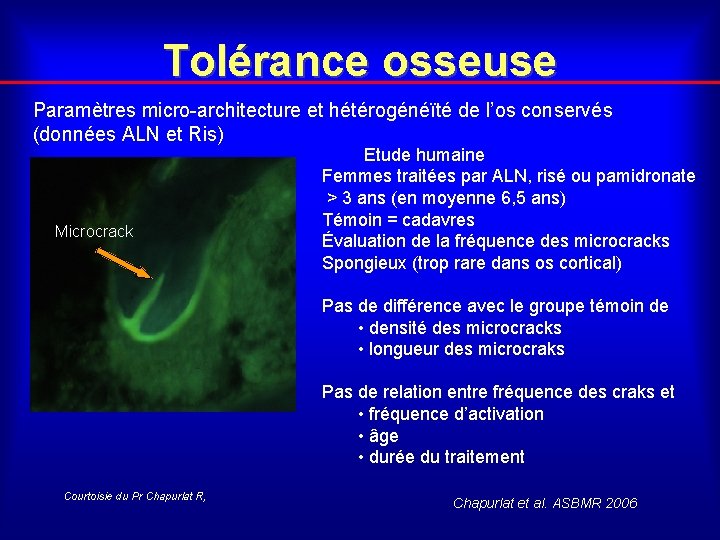 Tolérance osseuse Paramètres micro-architecture et hétérogénéïté de l’os conservés (données ALN et Ris) Microcrack