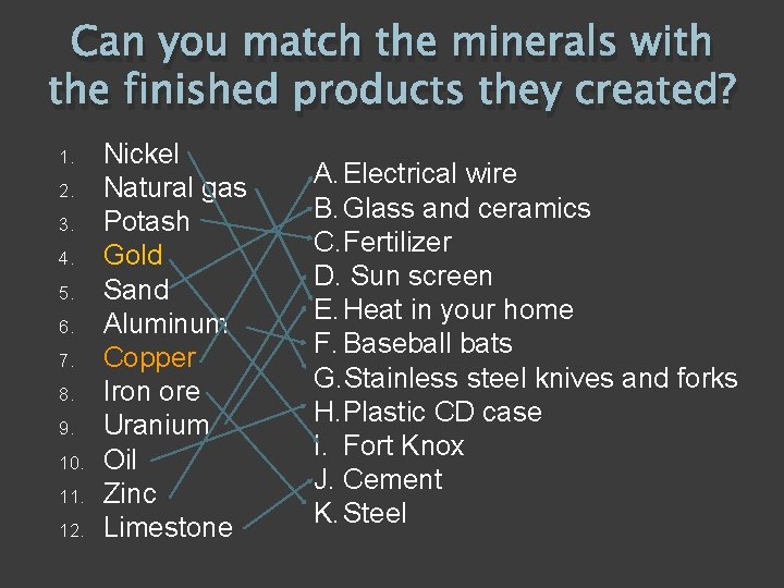 Can you match the minerals with the finished products they created? 1. 2. 3.