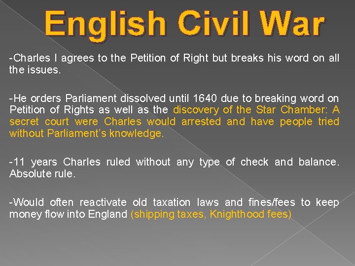 English Civil War -Charles I agrees to the Petition of Right but breaks his