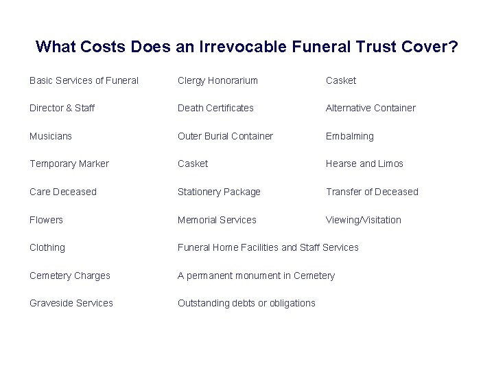 What Costs Does an Irrevocable Funeral Trust Cover? Basic Services of Funeral Clergy Honorarium