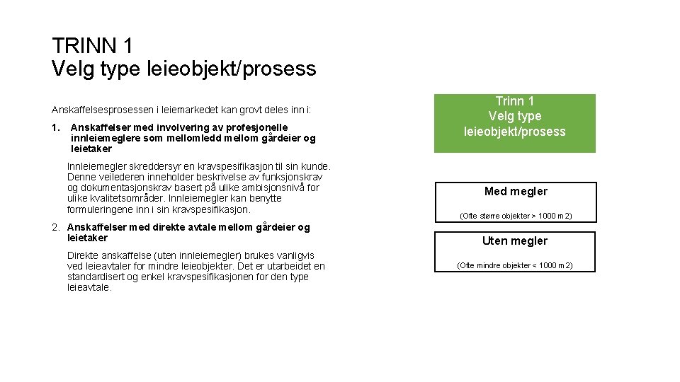 TRINN 1 Velg type leieobjekt/prosess Anskaffelsesprosessen i leiemarkedet kan grovt deles inn i: 1.