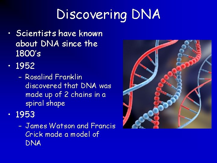 Discovering DNA • Scientists have known about DNA since the 1800’s • 1952 –