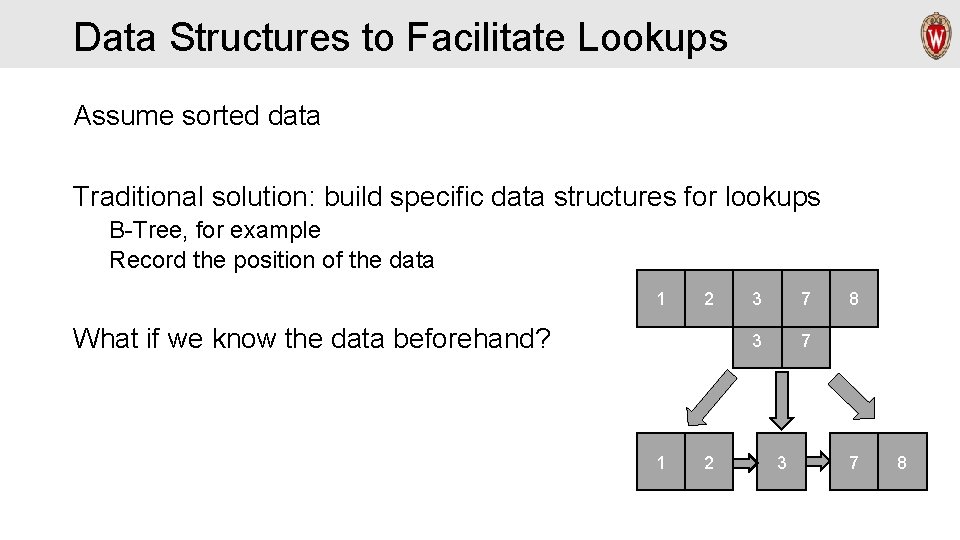Data Structures to Facilitate Lookups Assume sorted data Traditional solution: build specific data structures