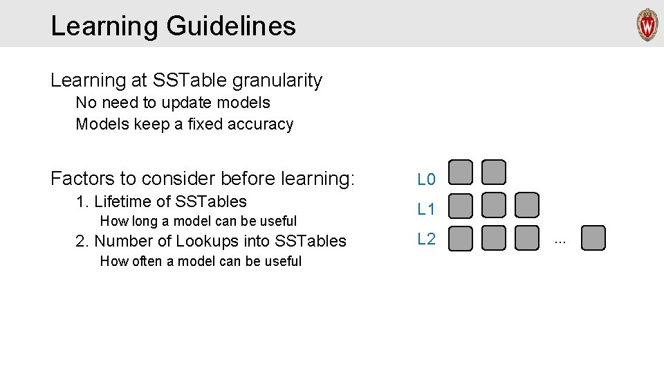 Learning Guidelines Learning at SSTable granularity No need to update models Models keep a